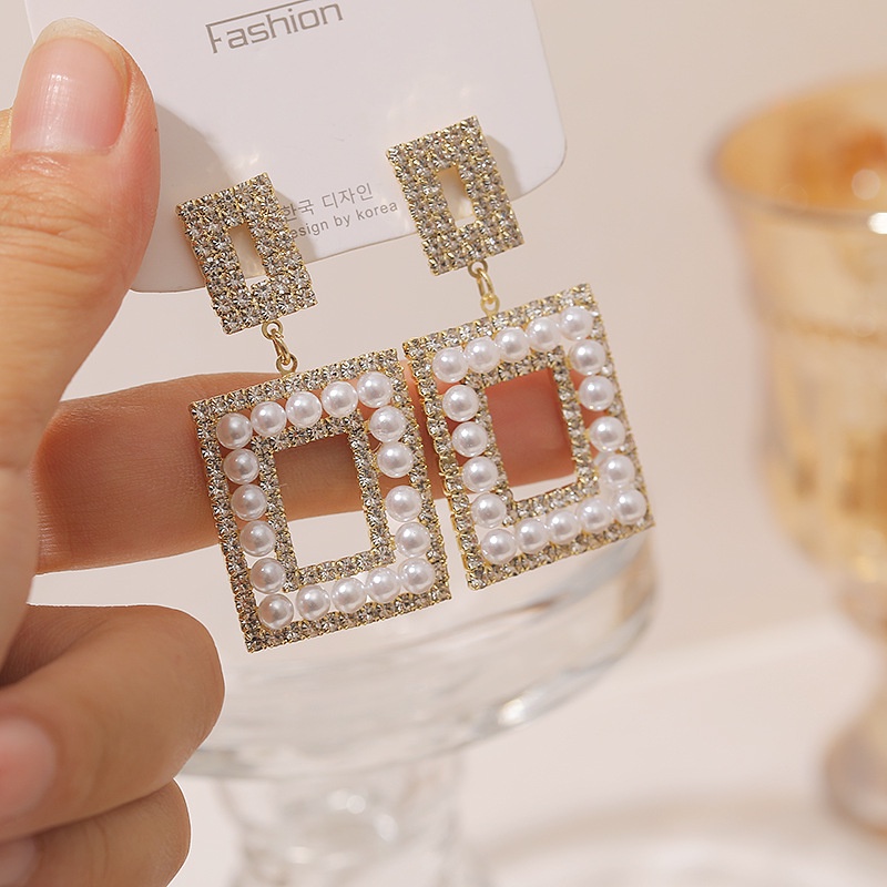 S925 murah hati anting-anting penuh Diamond Pearl rectangular berongga anting-anting-anting-anting y