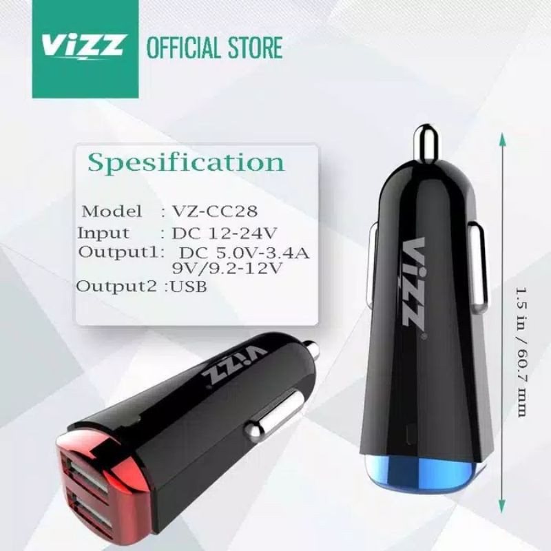 Car Charger Saver Mobil Casan Mobil Vizz CC28 Mini Tube 2USB 3.4A Fast Charger Kabel Iphone 5