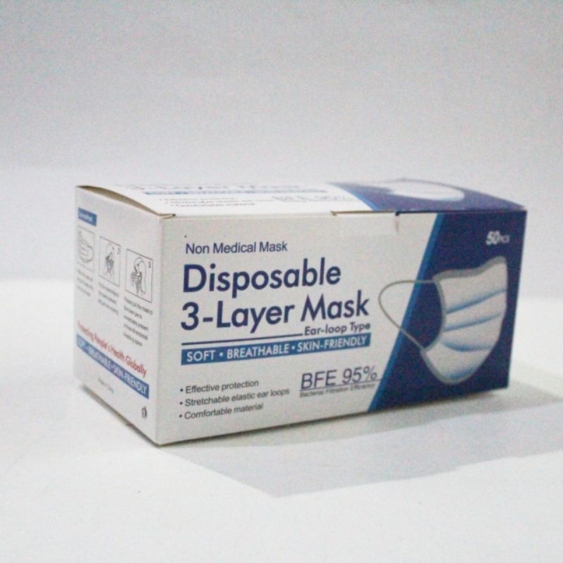 Masker disposable 3 layer mask earloop 1 box isi 50 pcs