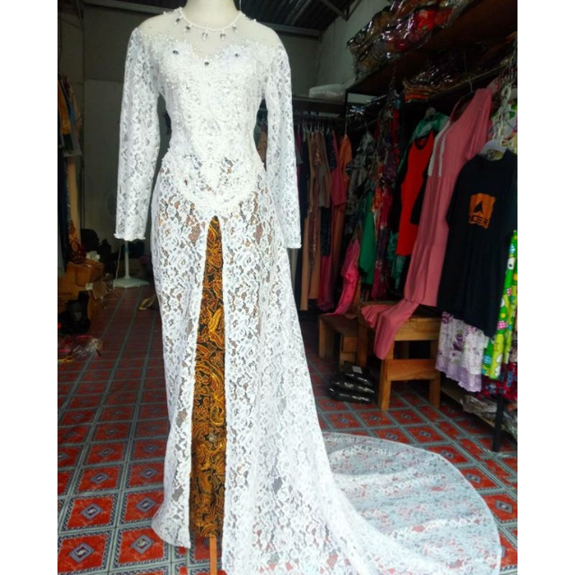 kebaya jumbo akad ekor pengantin brokat putih Payet mewah