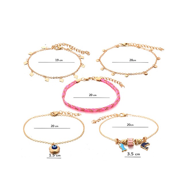 LRC Gelang Kaki Fashion Gold Round Eye Dolphin Geometric Fish Anklet 5 Piece Set D32639