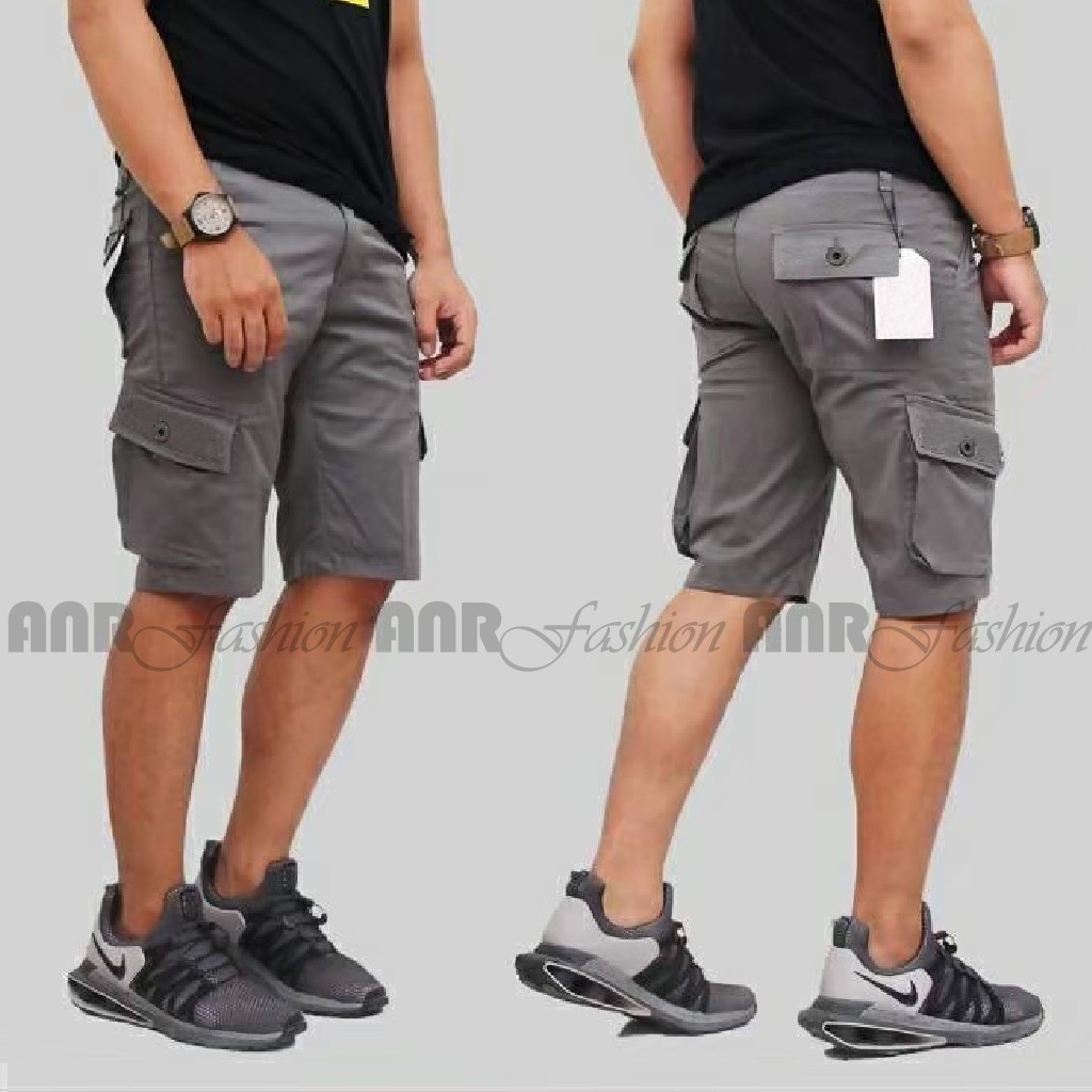 Celana Pendek Cargo/Kargo Pria/Cowok Bahan Canvas Twill bisa Melar - Hitam / Abu Tua