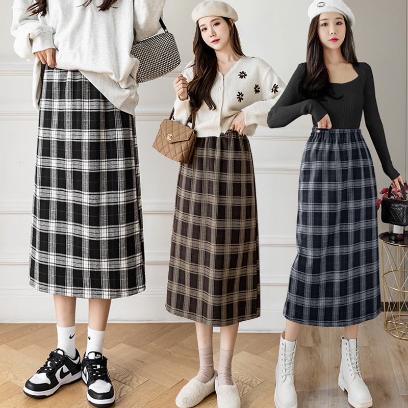 KARAKOREA 832 Hwasa Skirt/Korean Midi Skirt/Rok Midi Motif Kotak Kotak/Rok wanita/Office Skirt/Rok kerja