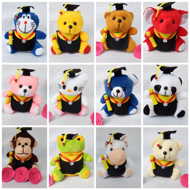 (12 gratis 1) GROSIR Boneka Wisuda Mini, boneka binatang +-15cm, boneka karakter hewan, boneka teddy