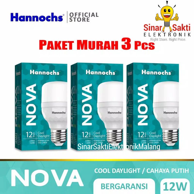 Hannoch Lampu Led Nova 12 watt paket 3 pcs bohlam putih