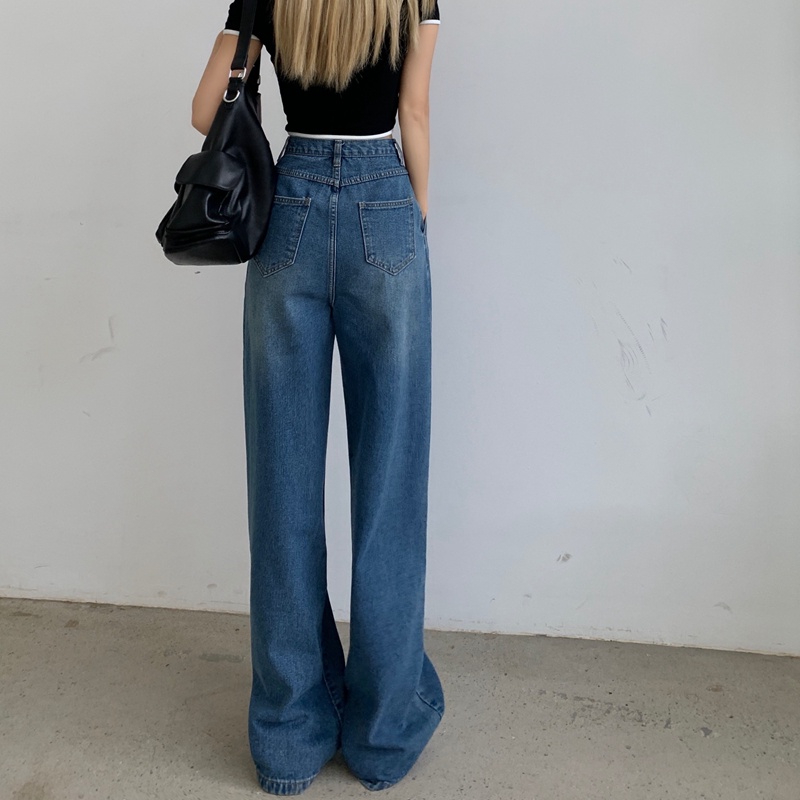 New biru laut high waist murah celana jeans panjang wanita boyfriend kulot