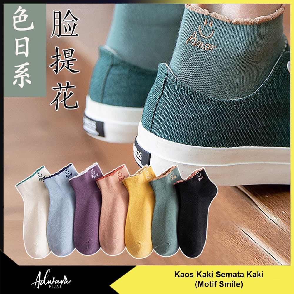 Kaos Kaki Pendek Semata Kaki Wanita Motif Smile Warna Polos Ankle Sock Import