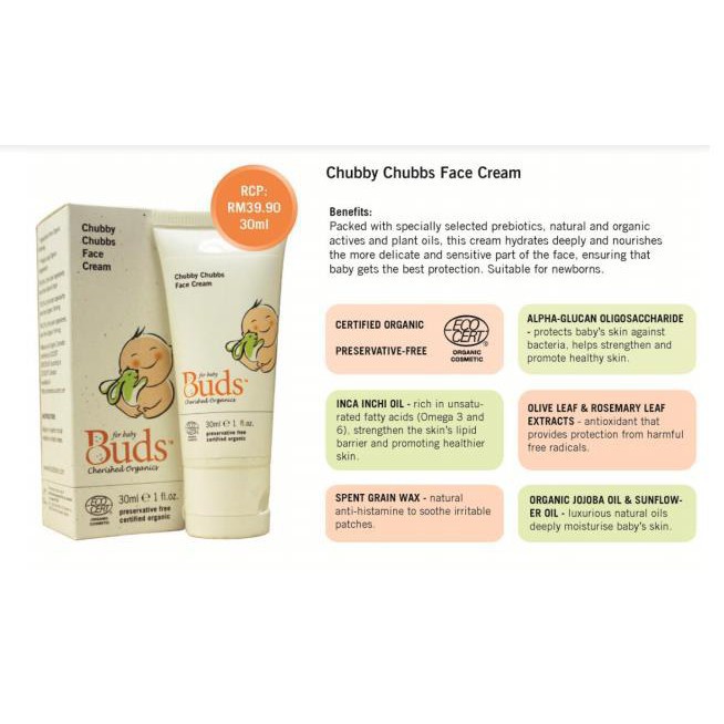 Buds Organics- Chubby Chubbs Baby Face Cream 30ml - Krim Wajah Bayi Organik