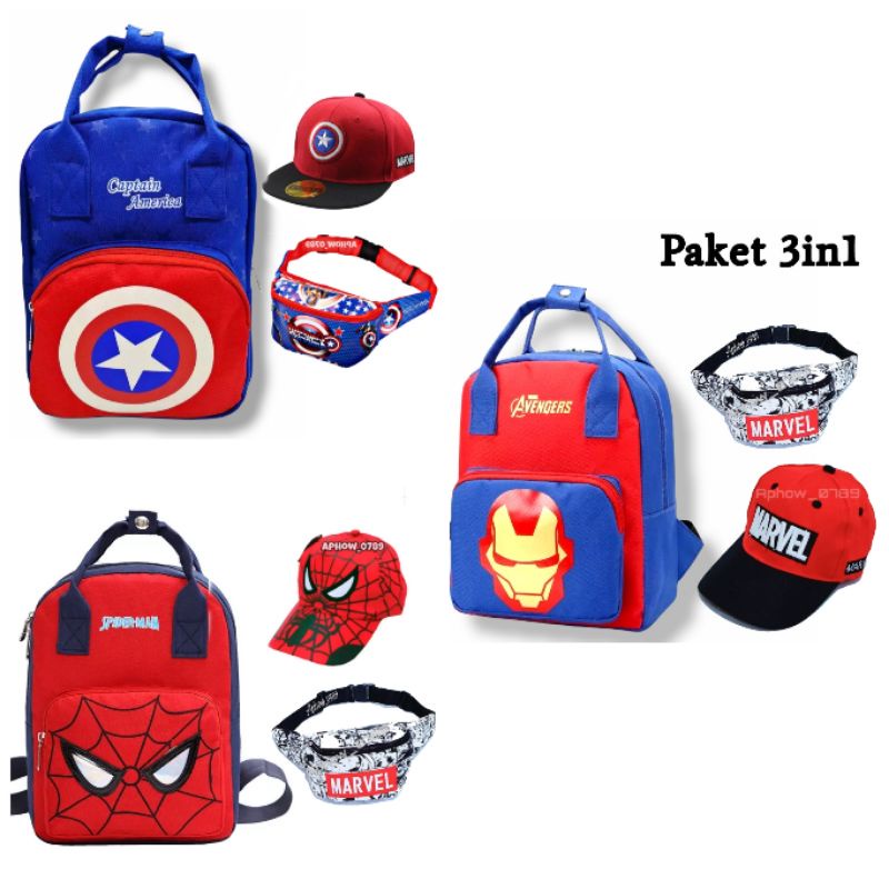 Tas ransel anak sekolah ironman capten spiderman gratis topi tas selempang