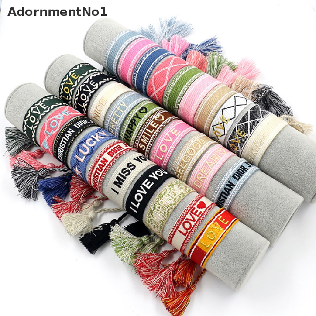 (AdornmentNo1) Gelang Tangan Tali Adjust Gaya Bohemia Motif Bordir Aksen Rumbai Handmade Untuk Wanita