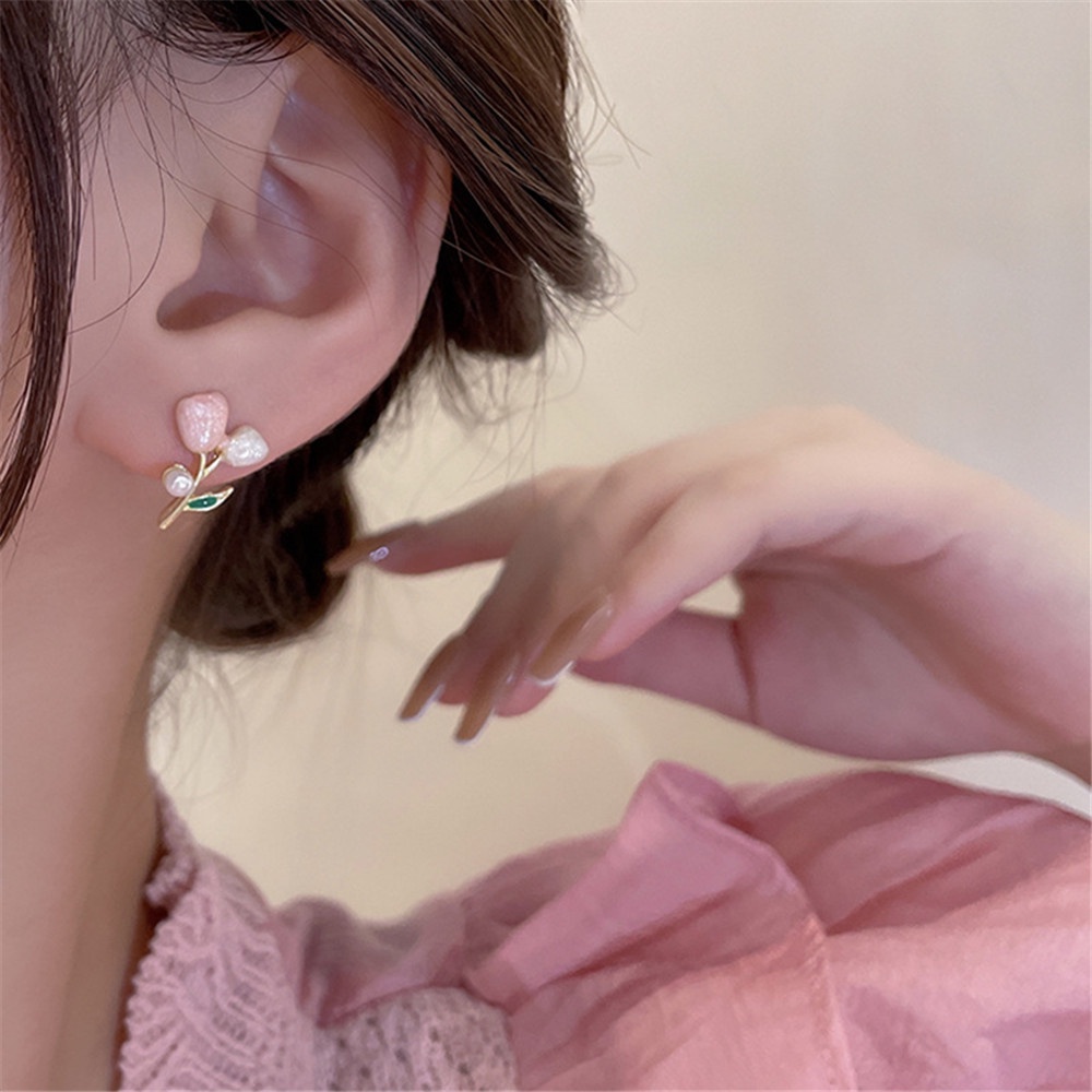 【COD Tangding】Ins Anting Tusuk Gantung Temperament Desain Bunga Tulip Warna Pink Gaya Musim Panas Untuk Wanita