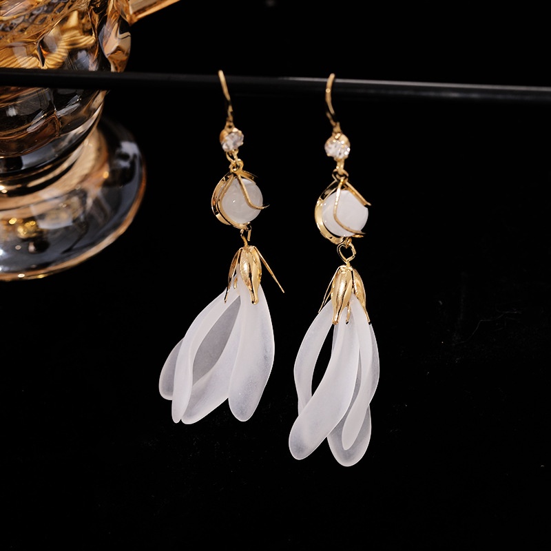 S925 perak telinga hook Korea fashion Opal kelopak panjang rumbai Baru Elegan liar anting-anting wan