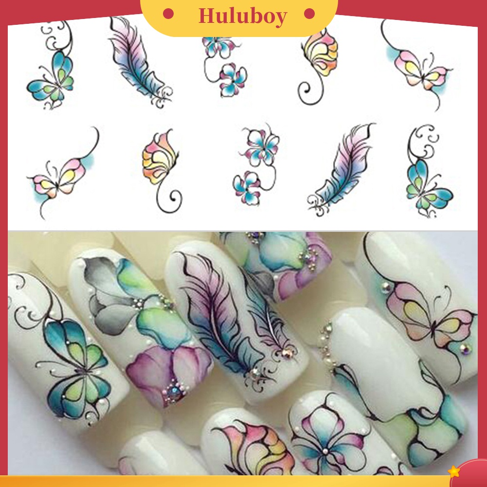 Huluboy Huluboy♡ Stiker Decal Transfer Air Motif Bunga / Kupu-Kupu Vintage Untuk Manicure DIY