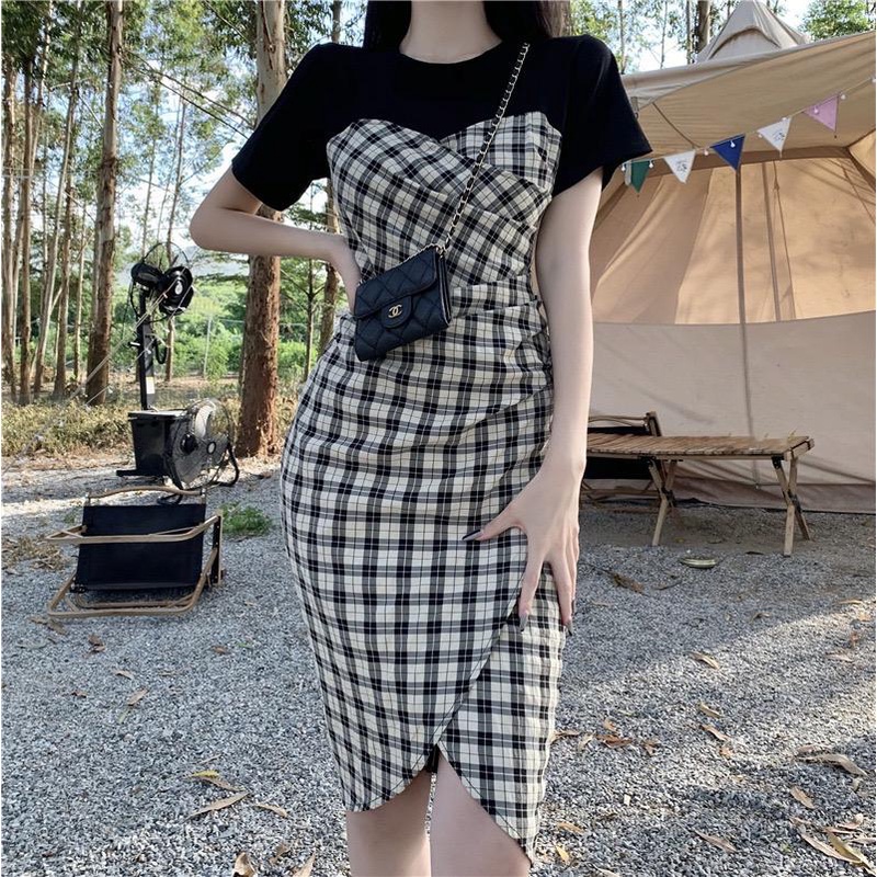 [Llittlecrab] Dress Motif Kotak-Kotak Hitam Putih Fishtail Simple Kasual Elegan Long Dress Sexy Square Pattern Motif Unik Berkualitas Simply Korean Style Dress Pantai Piknik