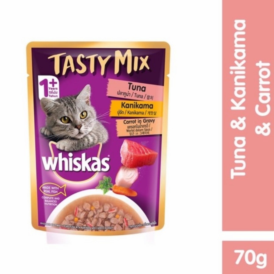 (4 POUCH) WHISKAS TASTY MIX TUNA &amp; KANIKAMA &amp; CAROT 70 GR TASTY MIX