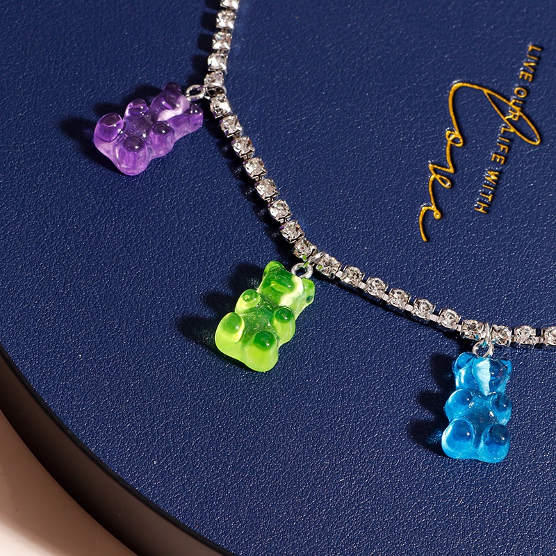 [ACKER] Berlian Sederhana Cute Liontin Beruang Rantai Warna Permen Jelly Kalung Untuk Wanita