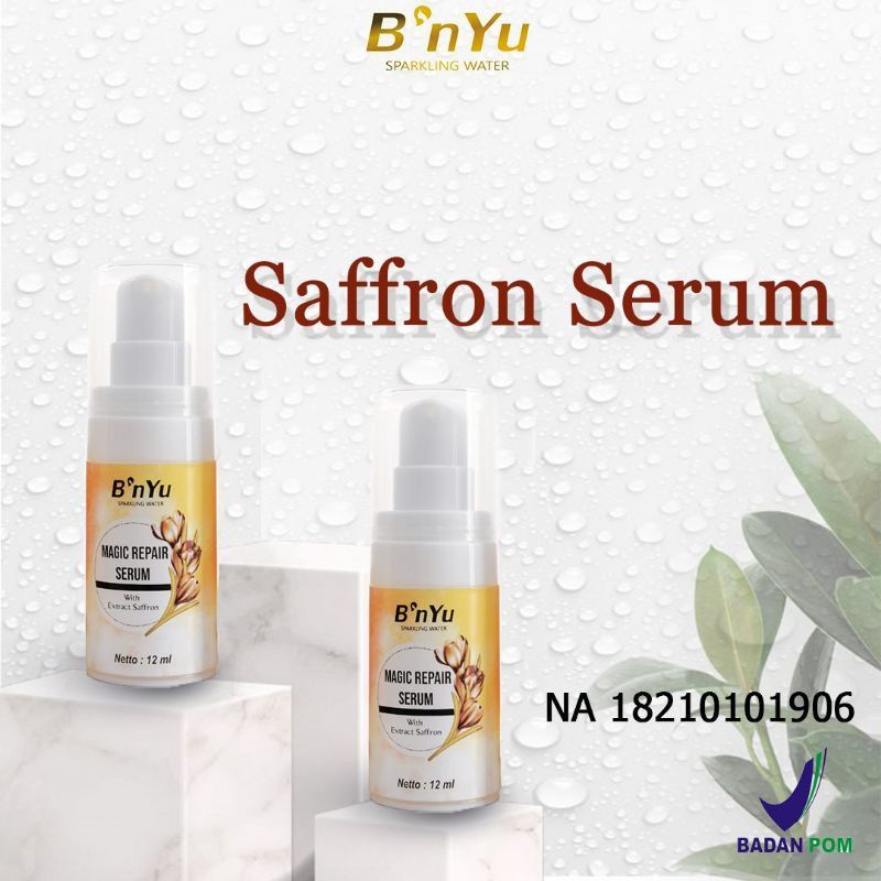 BNYU magic repair serum extract saffron | b'nYu sparkling water