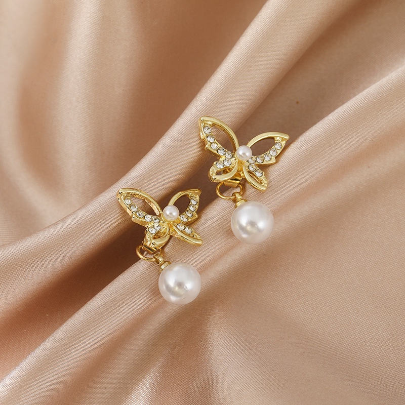 Sterling silver jarum gaya Korea Pearl butterfly sederhana anting-anting baru anggun online influenc