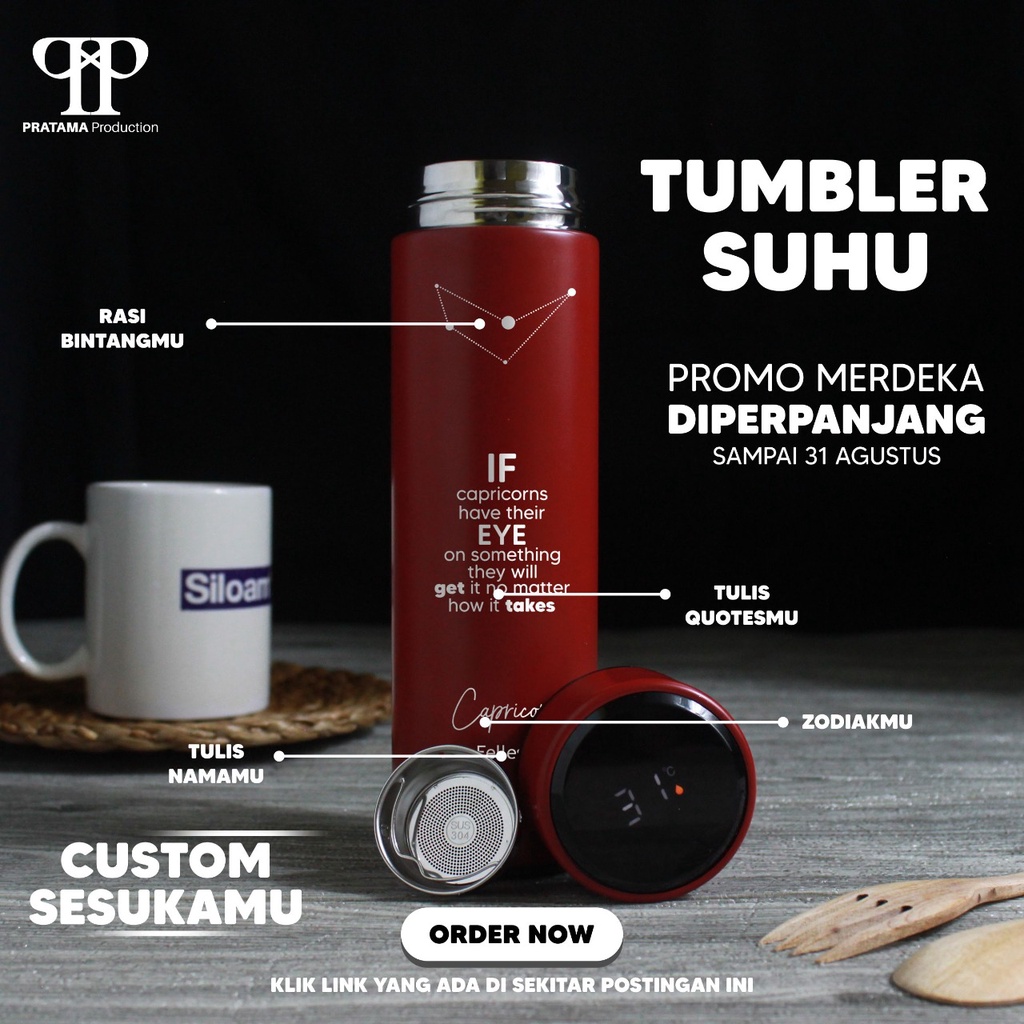 Tumbler Botol Minum LED Suhu Glossy Custom Logo Nama