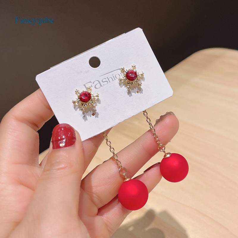 Fancyqube Anting Stud Kristal Mutiara Berlian Imitasi Bentuk Kepingan Salju Bunga Ceri Merah Untuk Wanita