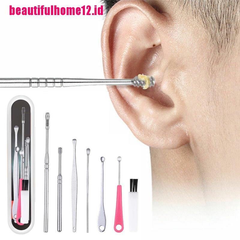 【beautifulhome12.id】7Pcs/Set Stainless Steel Ear Pick Curette Wax Earpick Scoop Remover Cleaner Tool