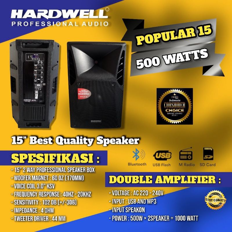 SPEAKER AKTIF HARDWELL POPULAR 15A 2 PCS SEPASANG POPULAR15A/15 INCH ORIGINAL HARDWELL