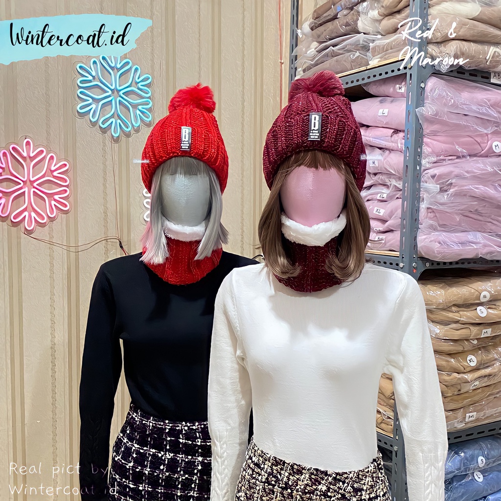 Beanie hat dan Neck warmer 1 set wanita anak cewek topi winter kupluk hangat tebal musim dingin