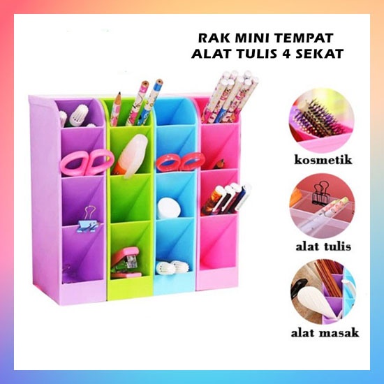 Rak Mini 4 Sekat / Tempat Penyimpanan ATK Pena Pensil Pulpen Gunting Sendok / Kotak Organizer Tempat Alat Tulis Meja Kerja Belajar Remot AC TV Kipas Brush Make Up Kosmetik Dasi Kaus Kaki Celana Dalam Underwear Kamar Tidur Ruang Tamu Kantor Serbaguna