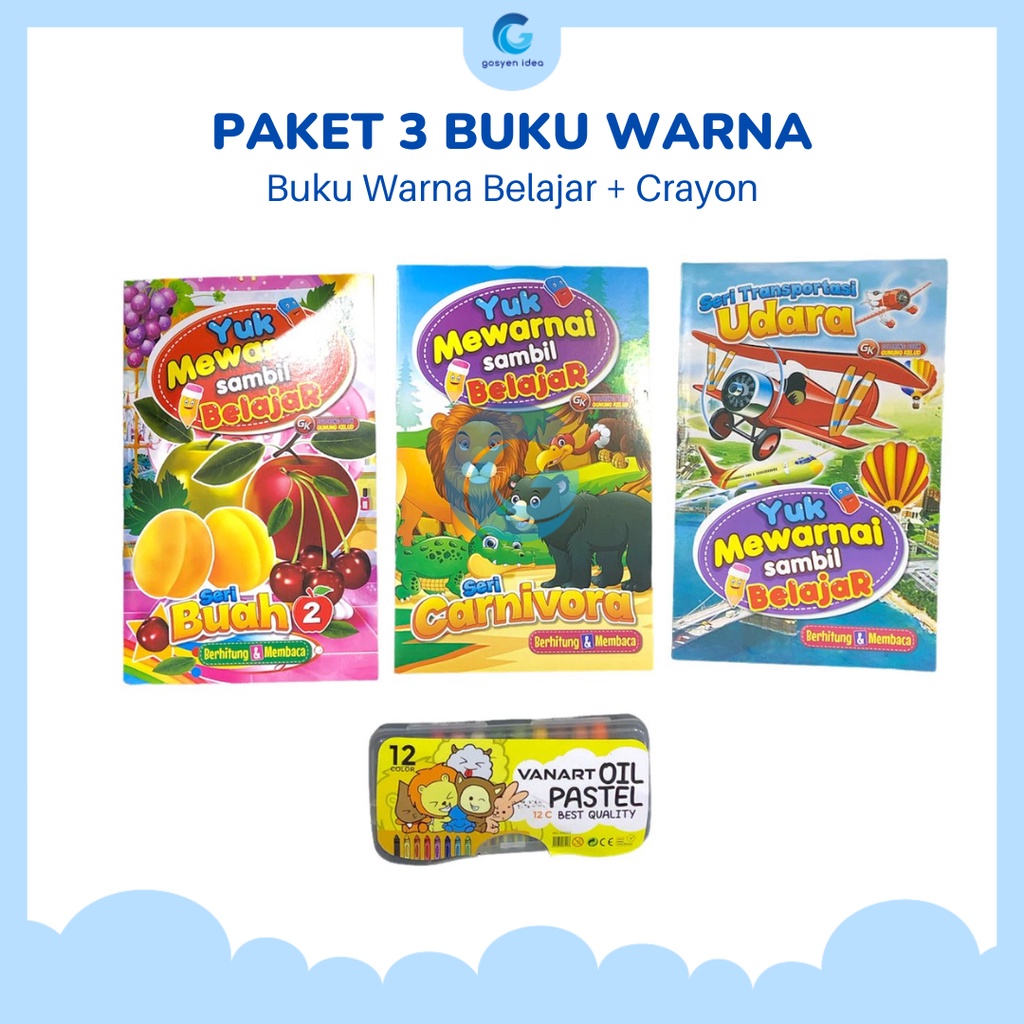 Paket 3 Buku Belajar Mewarnai Edukasi Anak Dan Crayon 12 Warna
