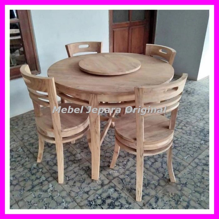 Meja makan putar kursi bundar kayu jati - Meja kafe resto jati Mentah Original