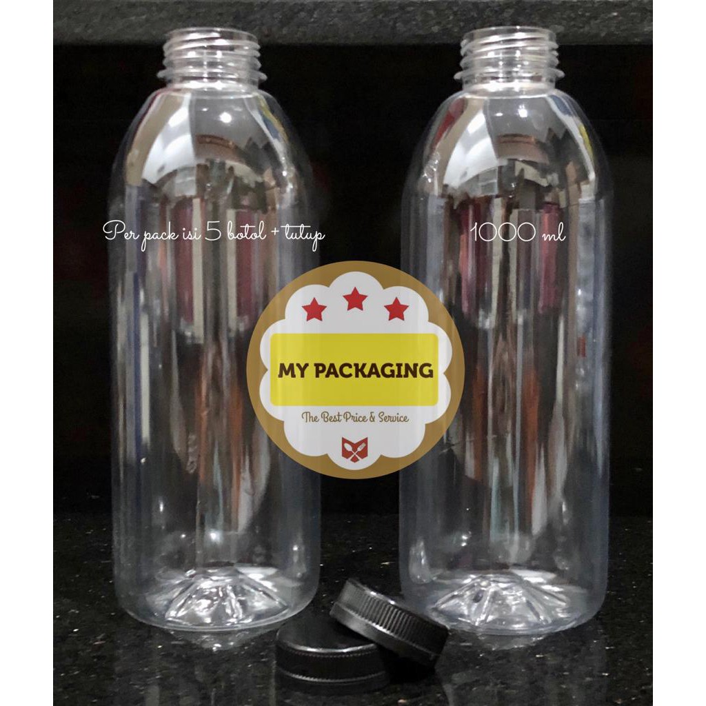 Botol Plastik KALE 1 liter - 1000ml TEBAL 45gr + Tutup (harga per pack isi 5 botol)