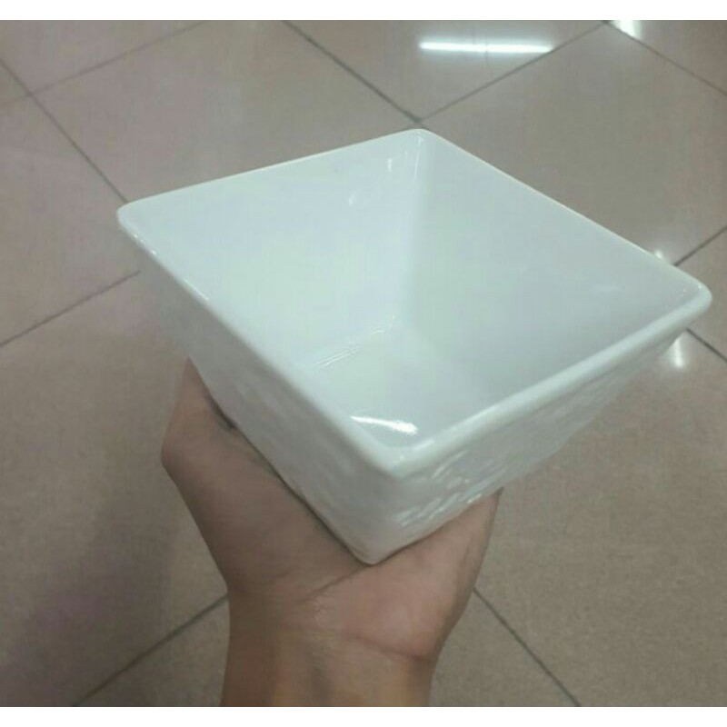 Mangkok Keramik Kotak Putih Relief 10x10