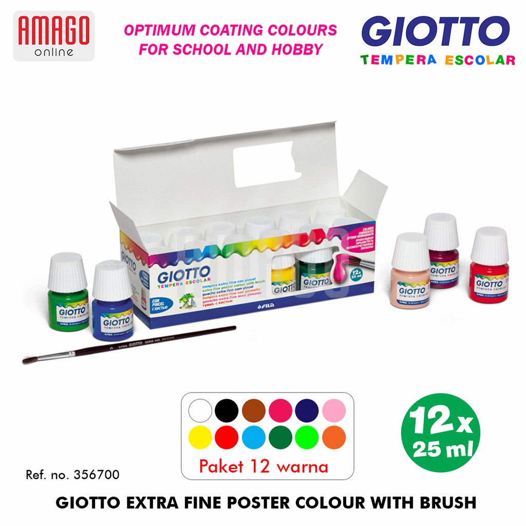 GIOTTO Extra Fine Tempera Escolar Cat Lukis cepat kering Ekstra halus - 12 Warna x 25 ml + Bonus Kuas - 356700