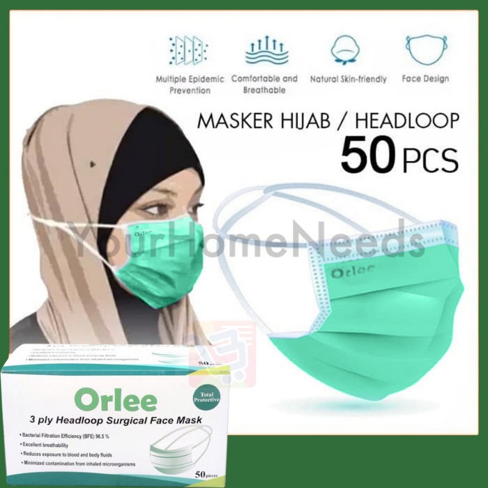 Masker Bedah Medis 3ply 3 ply Headloop Hijab ORLEE surgical kemenkes