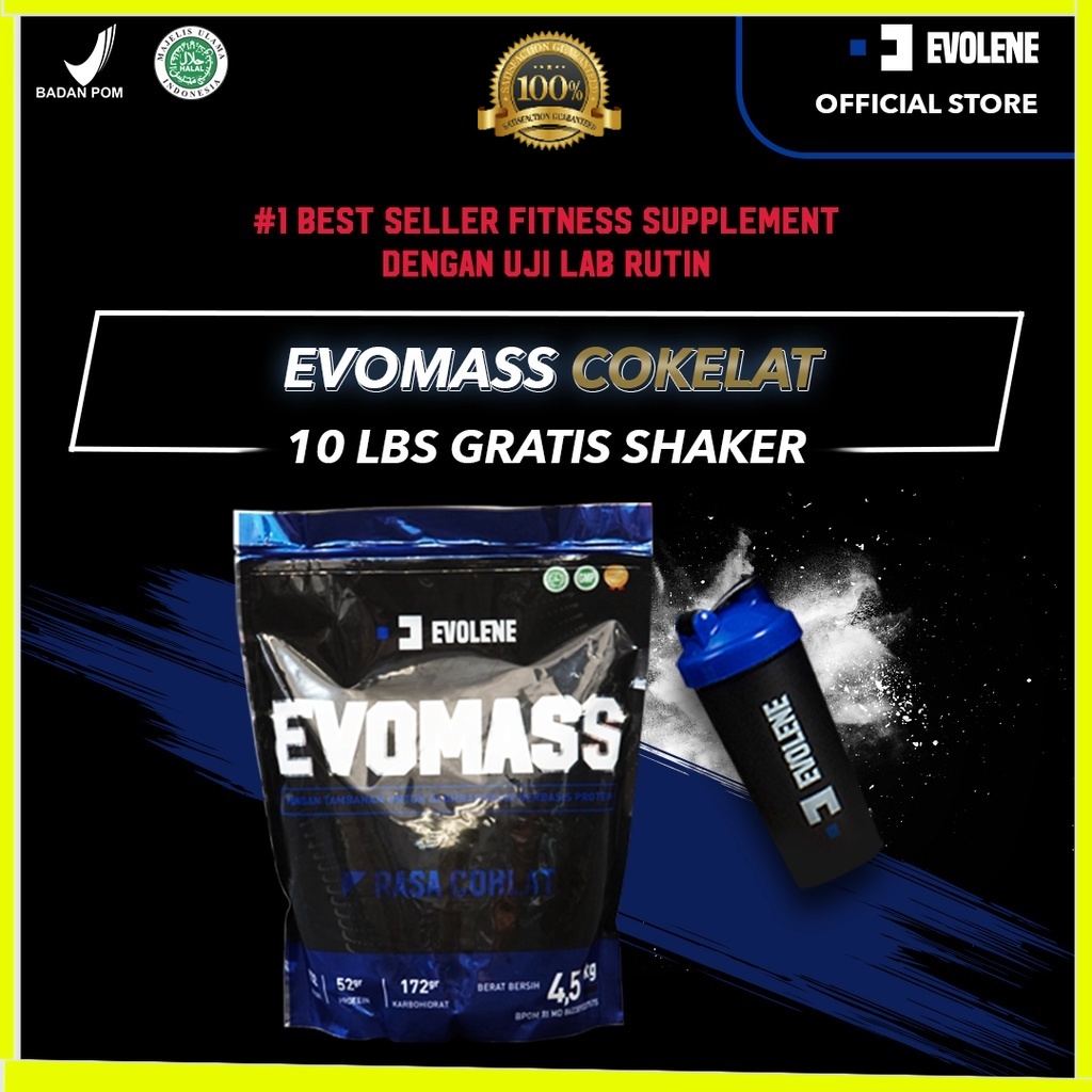 Evomass Coklat 4500gr/20x serving + Shaker - Penambah massa otot - Suplemen fitness - Pembentuk otot - Kaya Nutrisi - Surplus kalori - Minuman susu workout  - Evo Mass Evomas mas Evolene Evoline Evolen