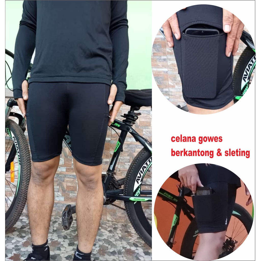 celana olah raga sepeda gowes diatas lutut memakai saku kanan dan kiri dilengkapi resleting