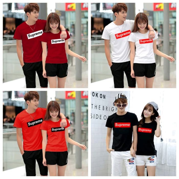 KAOS COUPLE PRIA WANITA MURAH [Cp PD Supreme LT]Baju couple Combed Merah/Hitam/Putih/Maroon - Putih