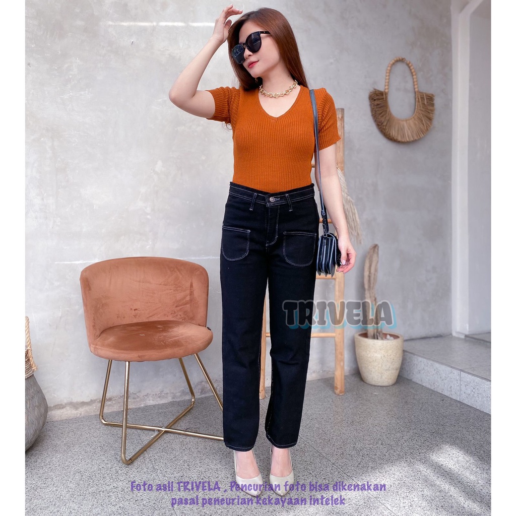 TRIVELA - Berry Pocket Boyfie Hitam 27-34 / Boyfriend Jeans Wanita / Boyfriend Hitam