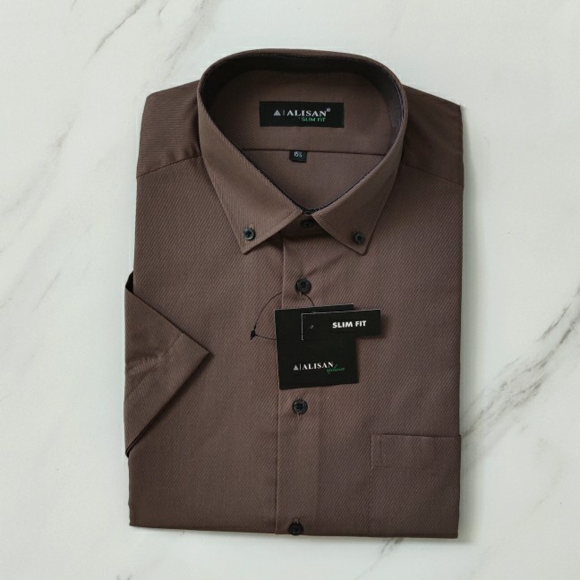 Alisan Kemeja Pria Slimfit Pendek Kerah Kancing Dobby Coklat Tua C6