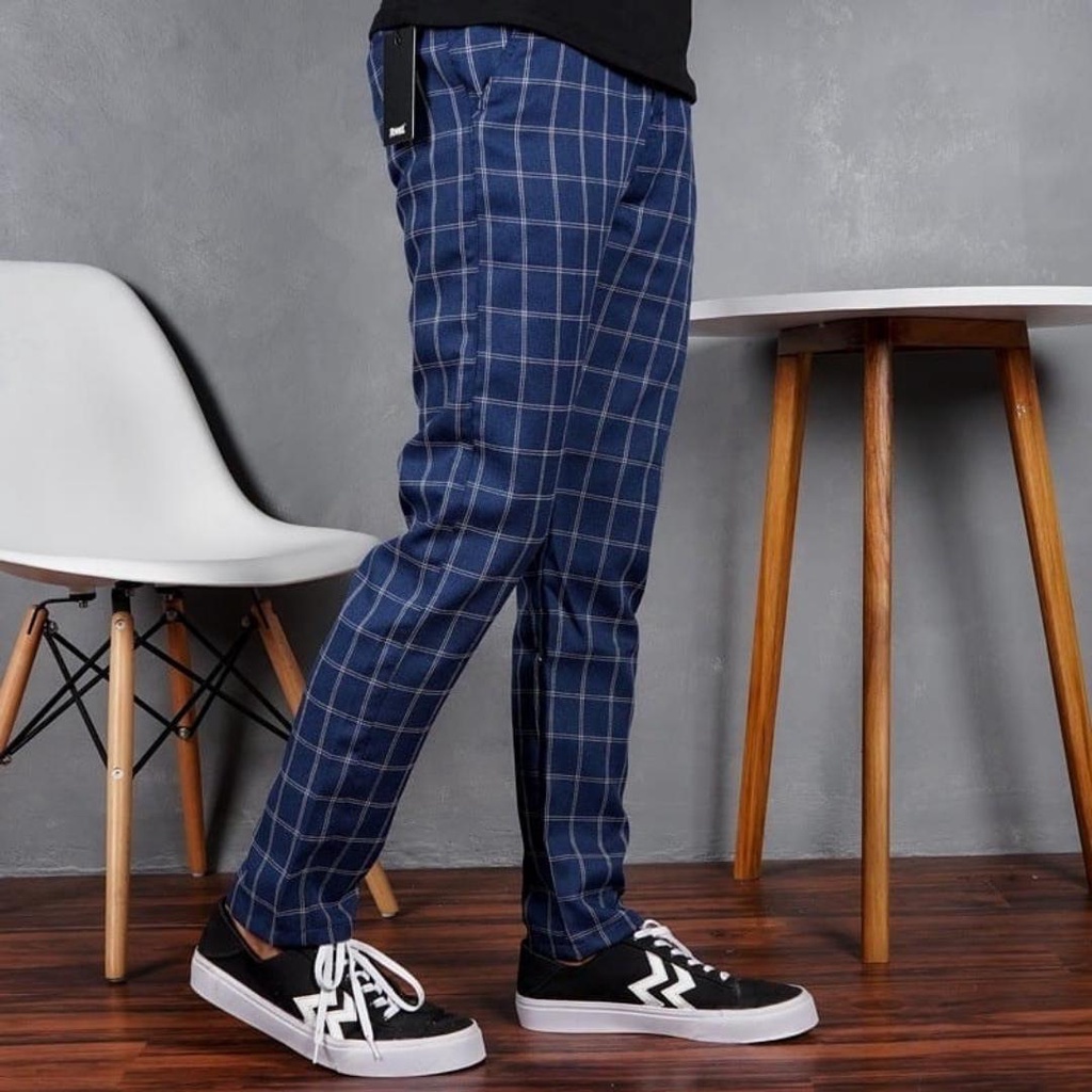 [NAVY] CELANA TARTAN PRIA PINGGANG KARET FLEKSIBEL - CELANA KOTAK KOTAK PINGGANG KOLOR ELASTIS