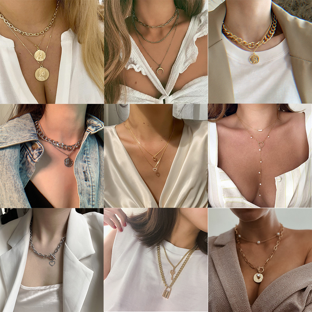 YEEZII Fashion Retro Letter Heart Map Lock Multilayer Necklace Bohemian Gold Necklaces Personality Pendant Multilayer Chain Choker Jewelry Accessories