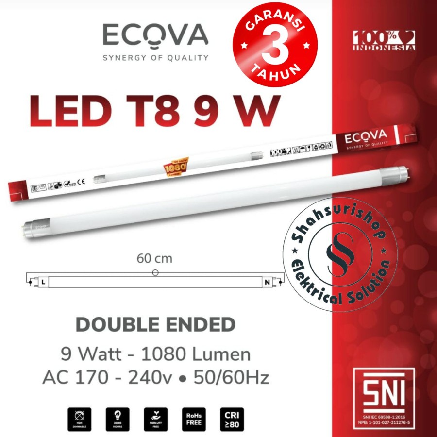 ECOVA T8 LED LAMPU TL LED 9W 9 W WATT 60 CM BODY FITTING ALUMUNIUM - HANYA LAMPU, BUBLE