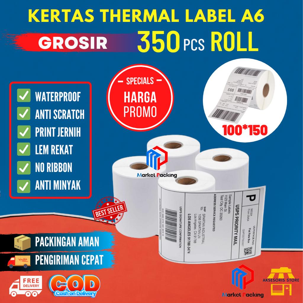 

KERTAS THERMAL 100X150 350PCS ROLL LABEL STICKER BARCODE UKURAN A6