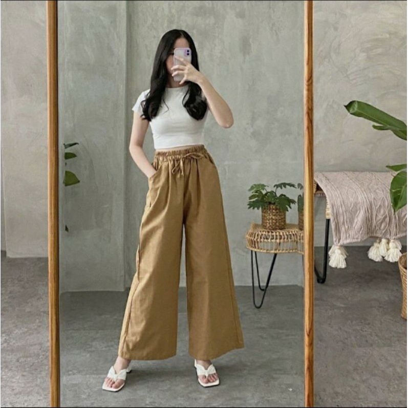 Celana kulot Linen Highwaist Pinggang Full Karet All size kulot Tali kulot Terlaris termurah