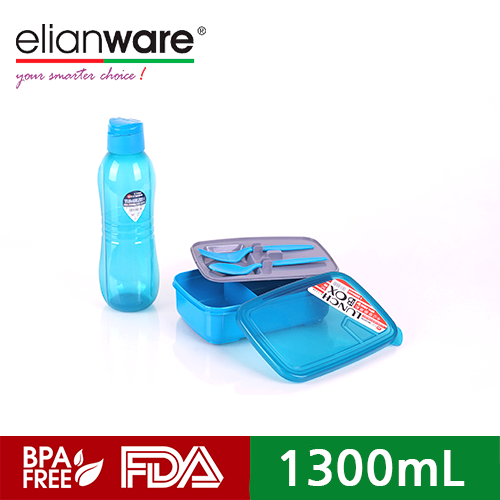 Elianware Lunch Box with Fork & Spoon Free Water Bottle 1300ml BPA FREE