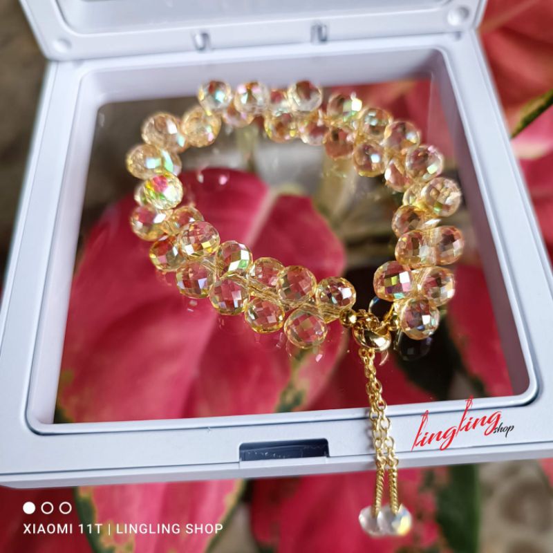 Gelang kristal serut,gelang kristal serut korea,gelang kristal tali elastis free BOX-Kuning serut