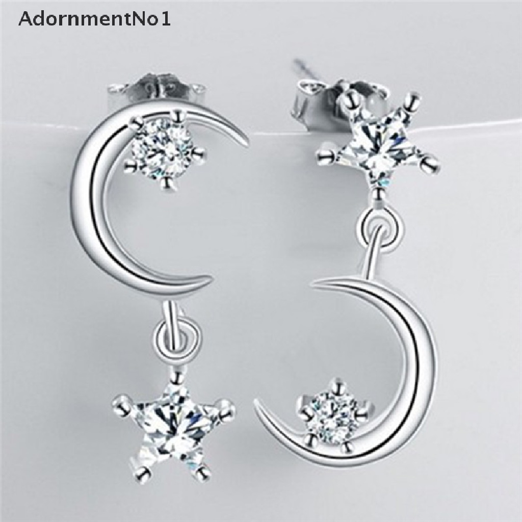 (AdornmentNo1) Anting Gantung Panjang Tusuk Lapis Silver Motif Bulan + Bintang + Kristal Untuk Perhiasan Wanita