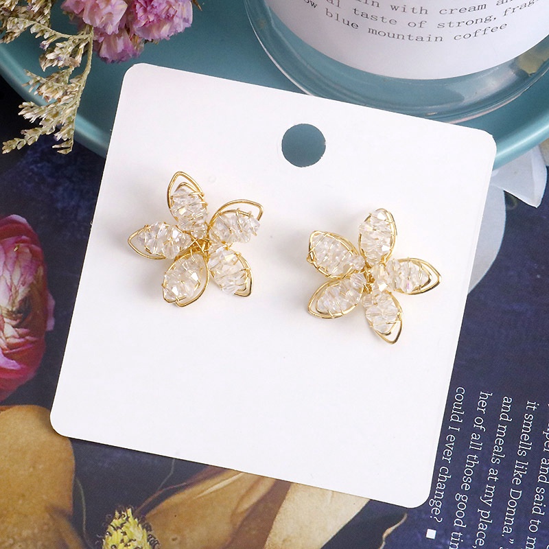 Anting 925 Silver Needle Bentuk Bunga Aksen Kristal Gaya Korea