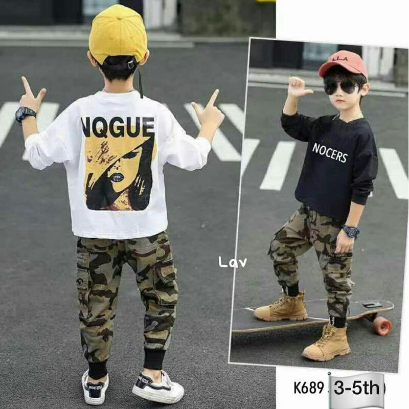Baju stelan import kaos tangan panjang celana joger army anak laki-laki usia 3-5th