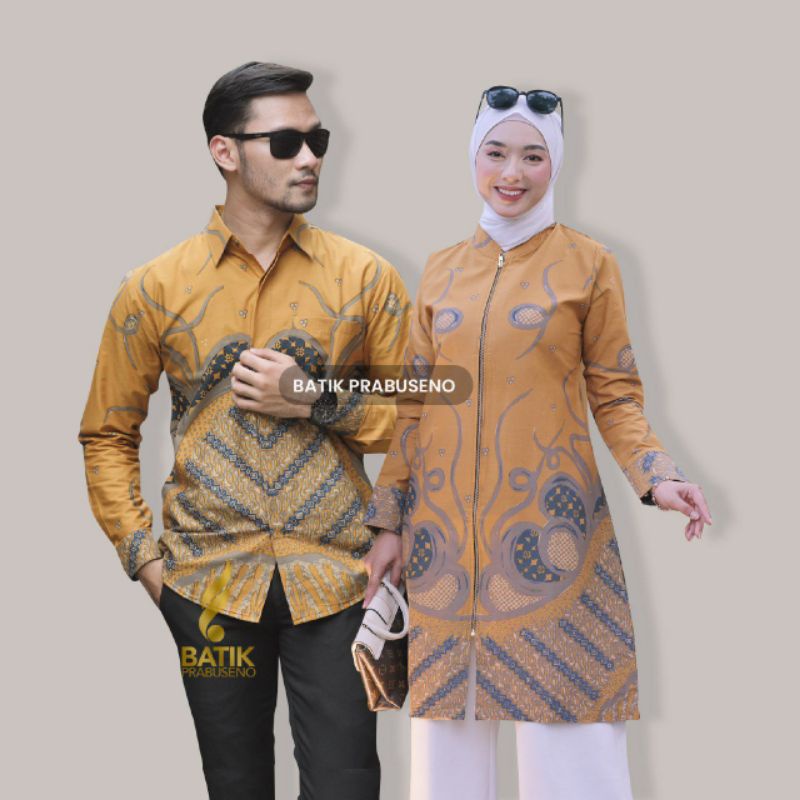 Ulfa Kuning Couple Batik Prabuseno Sarimbit Kemeja Pria Lengan Panjang Slimfit Baju Wanita Tunik Out